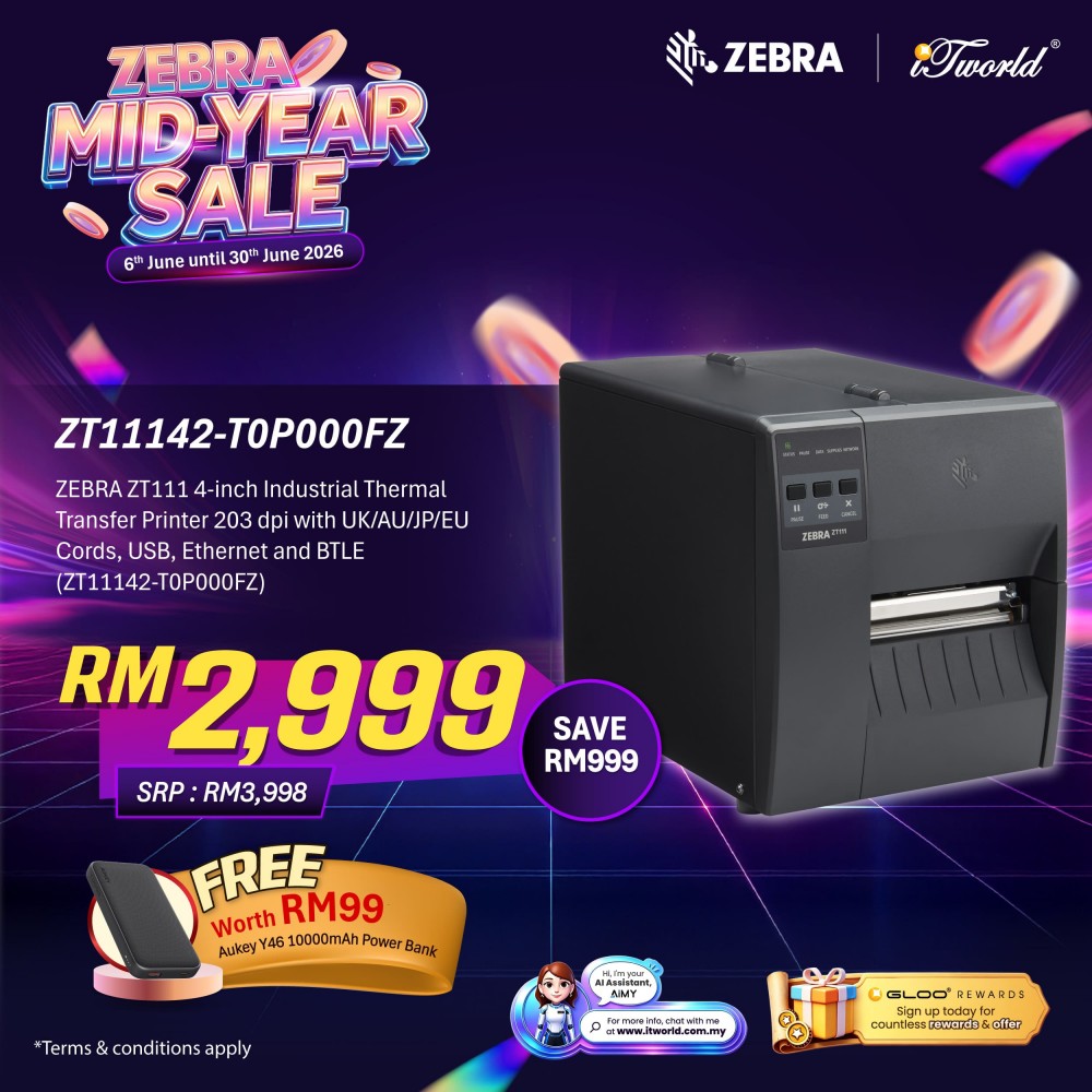 ZEBRA ZT111 4-inch Industrial Thermal Transfer Printer 203 dpi with UK/AU/JP/EU Cords, USB, Ethernet and BTLE (ZT11142-T0P000FZ)