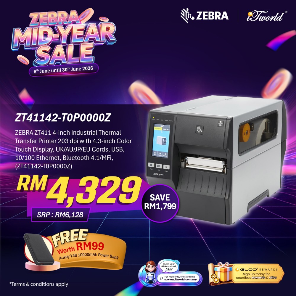 ZEBRA ZT411 4-inch Industrial Thermal Transfer Printer 203 dpi with 4.3-inch Color Touch Display, UK/AU/JP/EU Cords, USB, 10/100 Ethernet, Bluetooth 4.1/MFi,  (ZT41142-T0P0000Z)