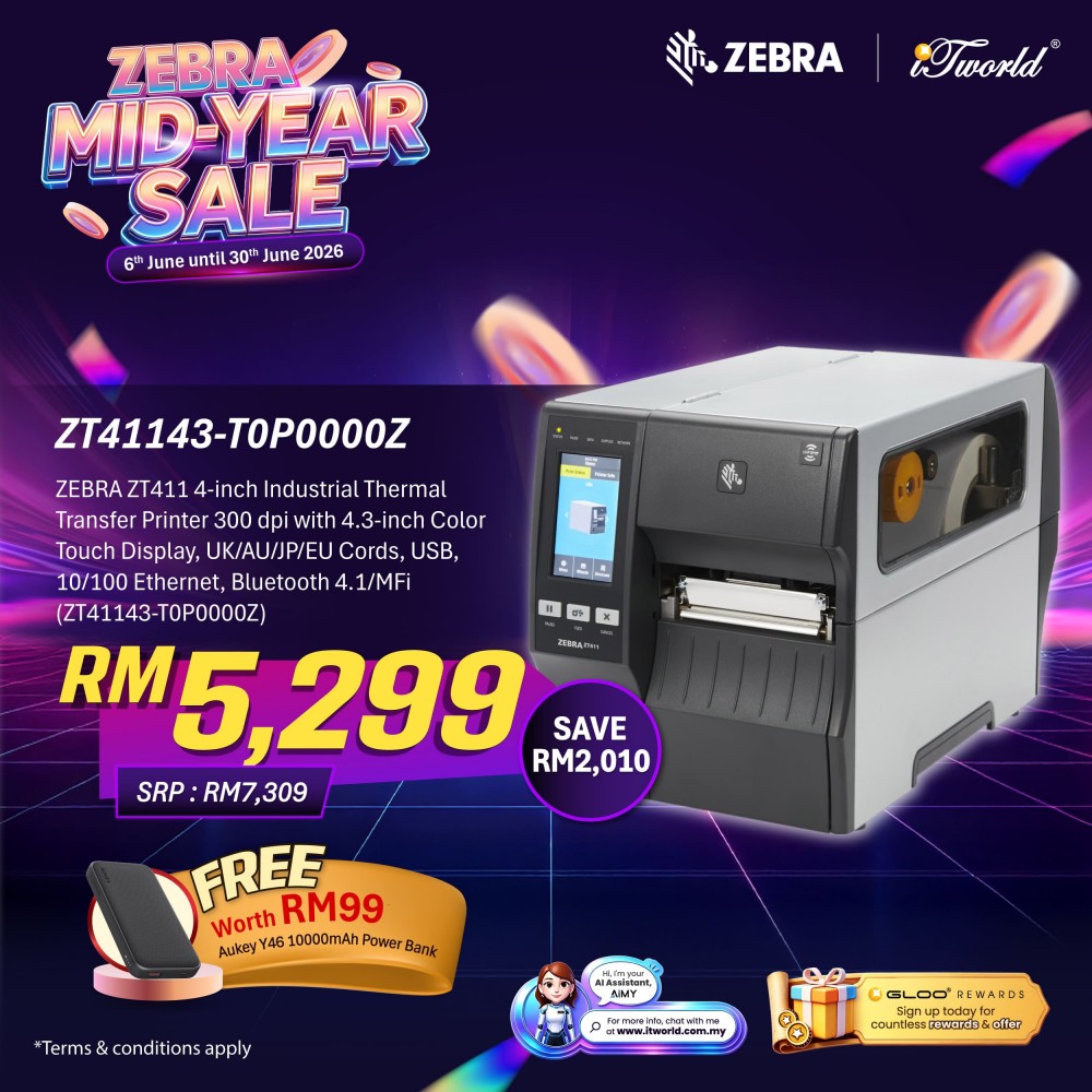 ZEBRA ZT411 4-inch Industrial Thermal Transfer Printer 300 dpi with 4.3-inch Color Touch Display, UK/AU/JP/EU Cords, USB, 10/100 Ethernet, Bluetooth 4.1/MFi (ZT41143-T0P0000Z)