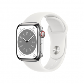 Apple Watch Series 8 GPS + Cellular, 41mm Silver Stainless Steel Case with White Sport Band