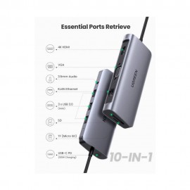 UGREEN USB-C To 3*USB 3.0 A+HDMI+VGA+RJ45 Gigabit+SD/TF+AUX3.5mm+PD Converter Adapter- 80133