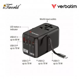 Verbatim 5-Ports 85W GaN Universal Travel Adapter with Retractable Cable (Purple) 023942301776