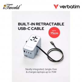 Verbatim 5-Ports 85W GaN Universal Travel Adapter with Retractable Cable (Purple) 023942301776