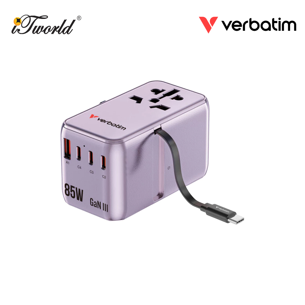 Verbatim 5-Ports 85W GaN Universal Travel Adapter with Retractable Cable (Purple) 023942301776