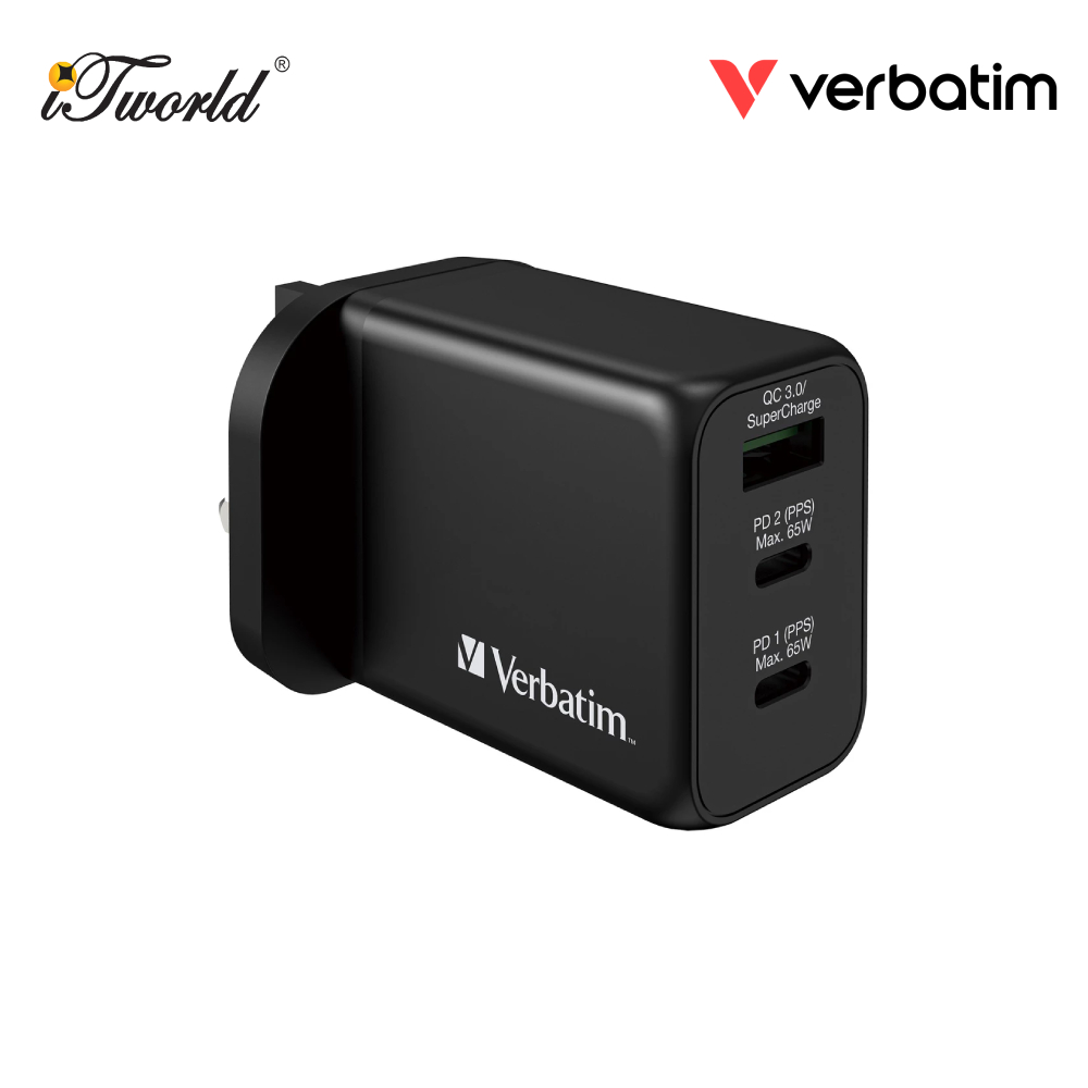 Verbatim 3-Ports 65W GaN Charger with PD & QC3.0 (Black) (UK 3-pin plug, Safety Mark) 66716 4895117967164