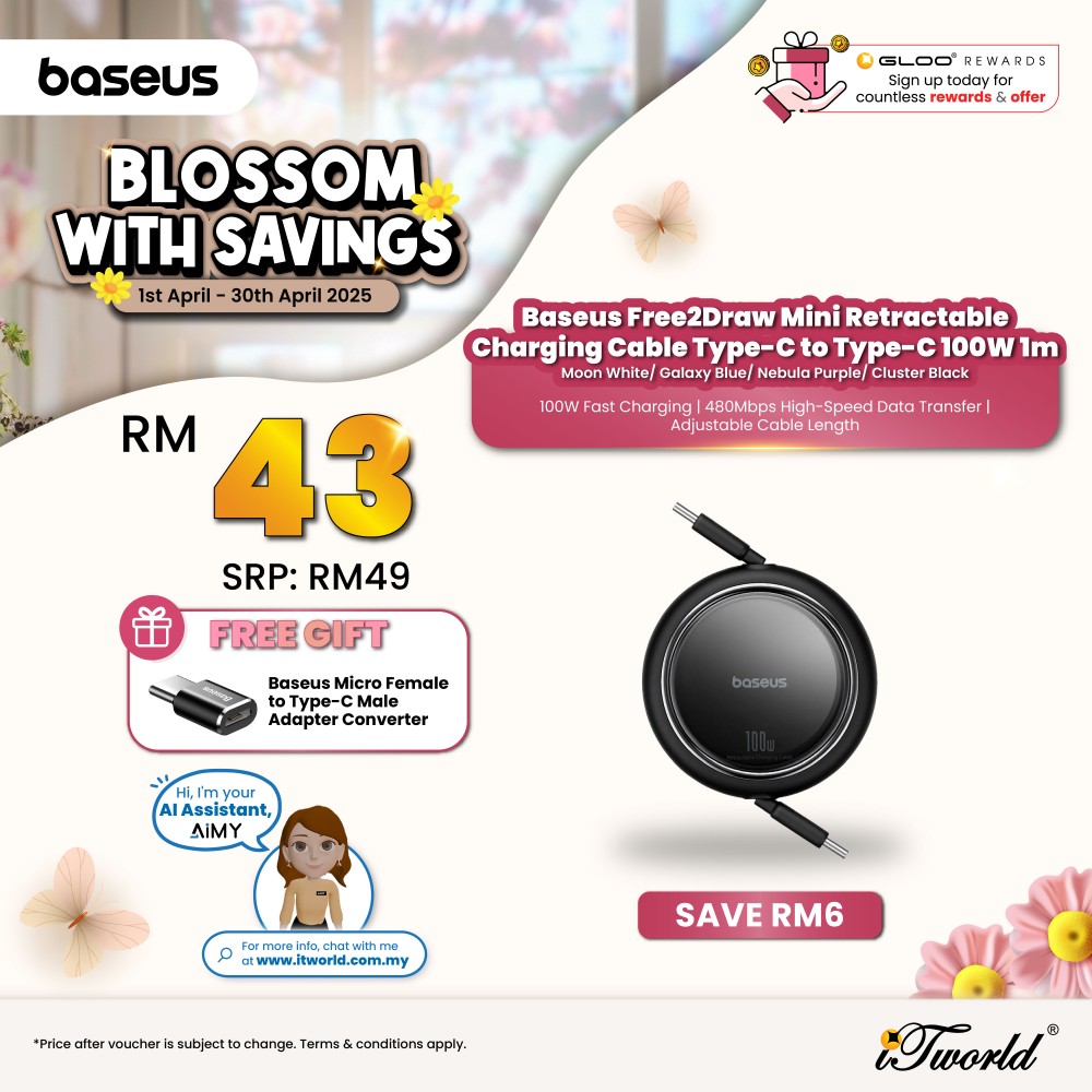 Baseus Free2Draw Mini Retractable Charging Cable Type-C to Type-C 100W 1m Moon White