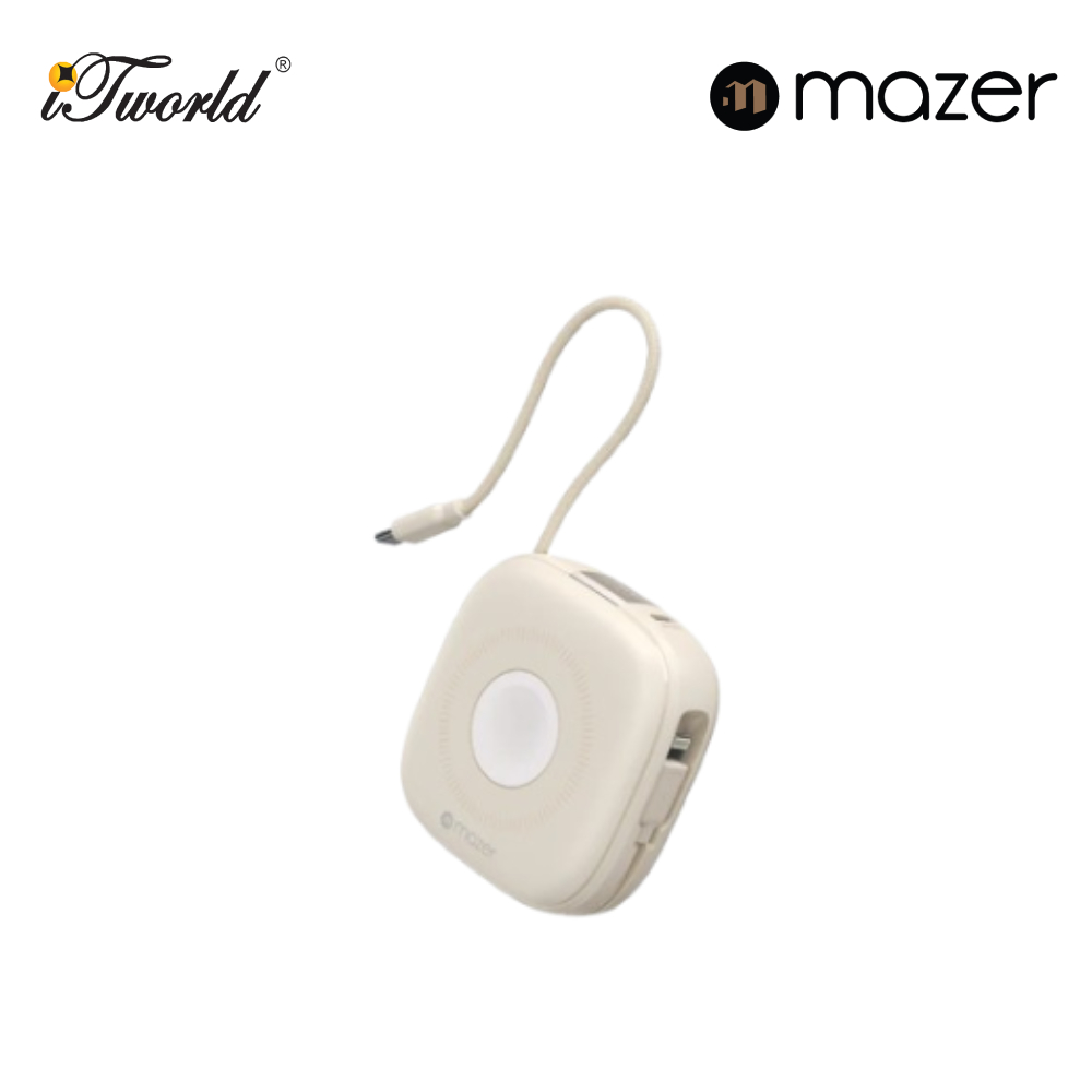 Mazer MagLink18i 10,000mAh Magnetic Wireless (Built-in USB-C+Lightning Cables) + Apple Watch Charging Power Bank - Cream 8881304544856