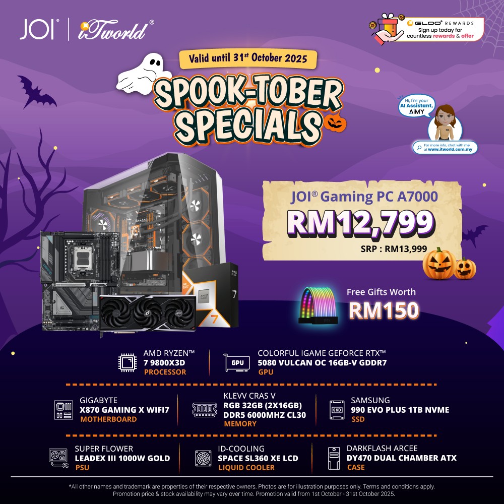 JOI Gaming PC A7000 (AMD Ryzen 7 9800X3D/32GB RAM/1TB SSD/RTX5080/DOS)