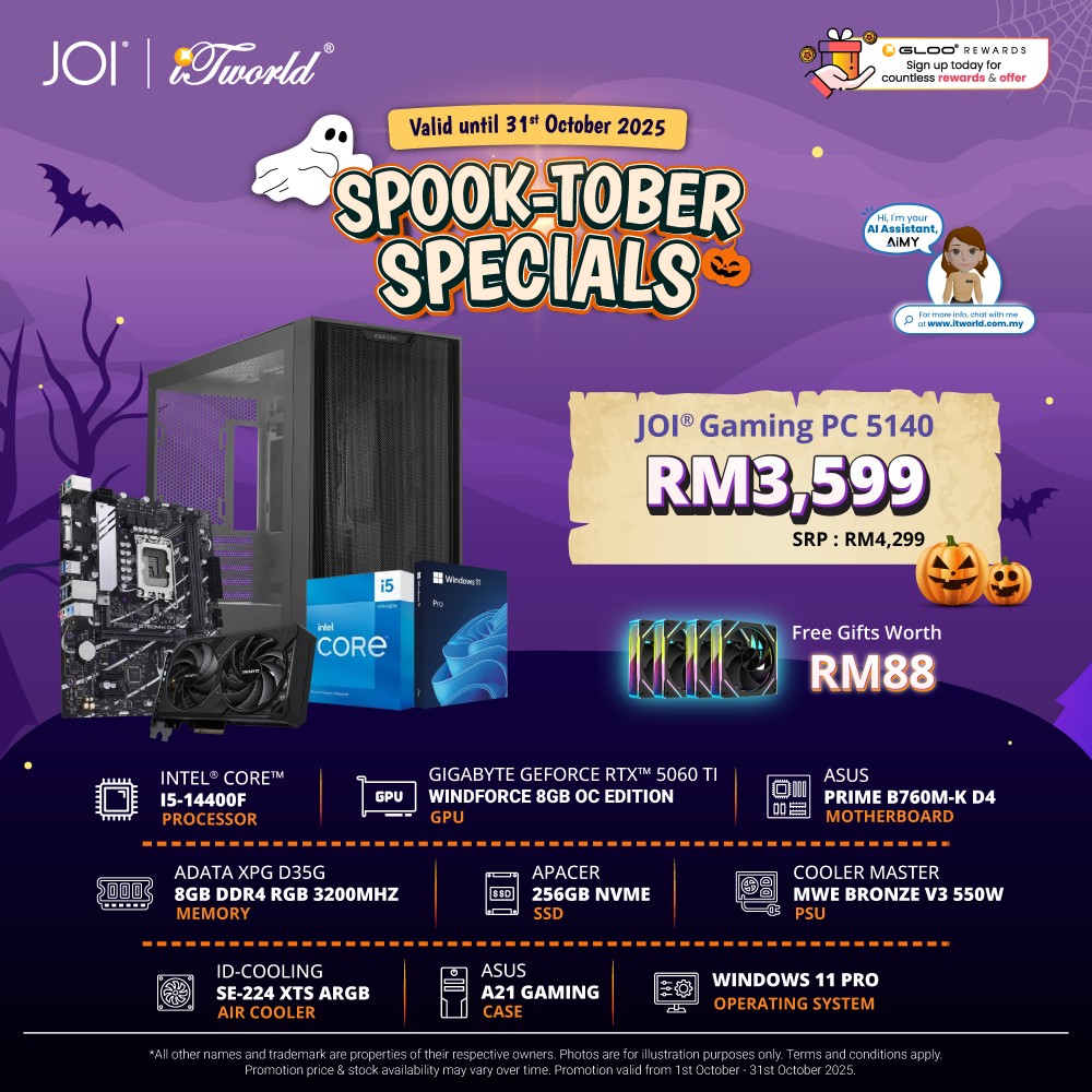 JOI Gaming PC 5140 (Intel core I5-14400F/8GB RAM/256GB SSD/RTX5060TI/W11P)