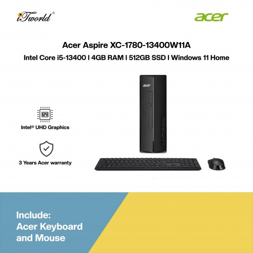 [Pre-order] Acer Aspire XC-1780-13400W11A Desktop (i5-13400,4GB,512GB SSD,Intel UHD Graphics,H&S,WL KY+M,W11H,3Yrs) [ETA:3-5 working days]