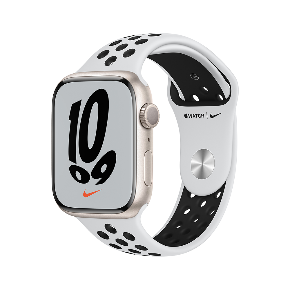 Apple Watch Nike Series 7 GPS, 45mm Starlight Aluminium Case with Pure Platinum/Black Nike Sport Band