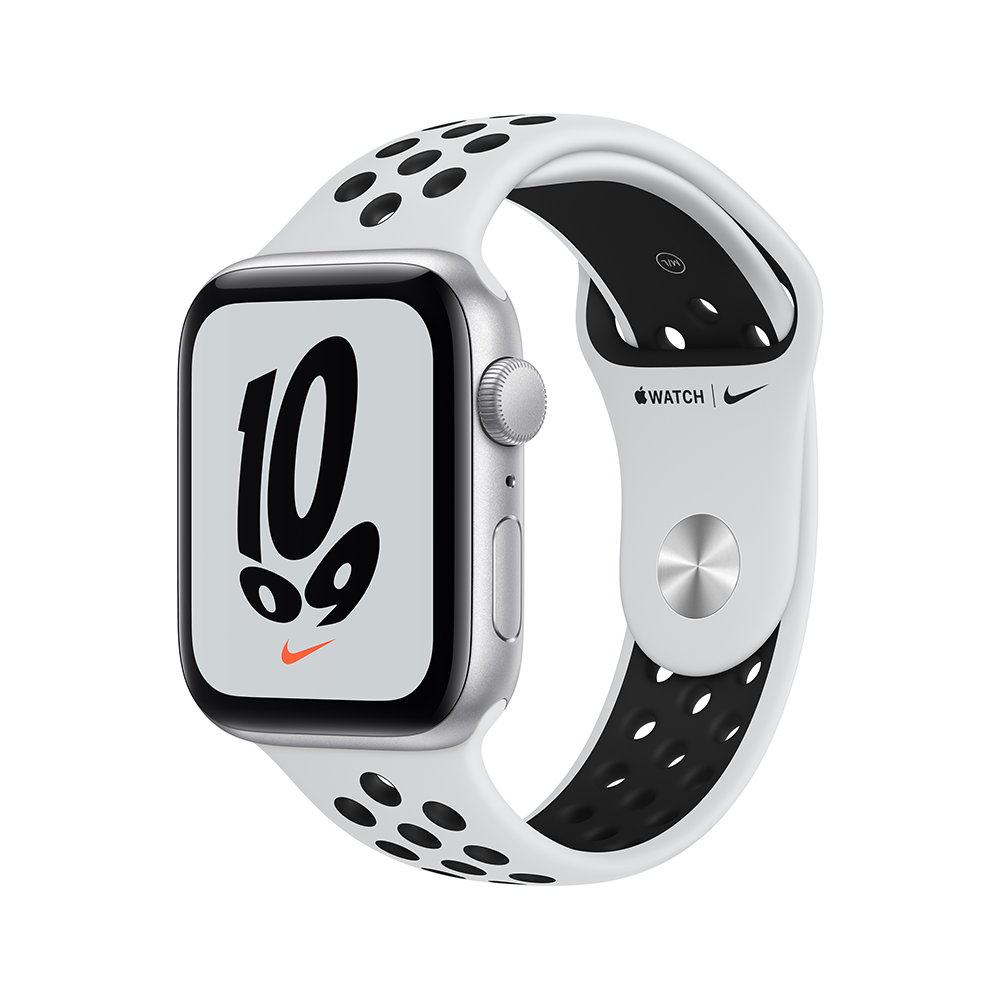 [2021] Apple Watch Nike SE GPS, 44mm Silver Aluminium Case with Pure Platinum/Black Nike Sport Band