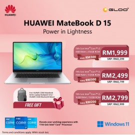 Huawei Matebook D15 (i3 11thgen, 8GB, 256GB SSD, Windows 11) 53012TPL Free Huawei CD60 Matebook Series Laptop Backpack Grey + Huawei CD20 Bluetooth Mouse Black