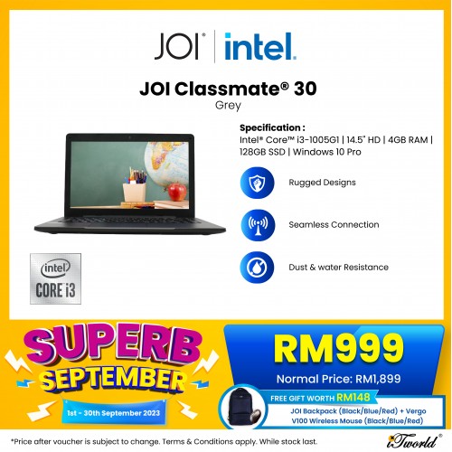 JOI Classmate 30 Black(i3-1005G1, 4GB, 128GB SSD, Intel UHD Graphics 600, 14" HD,W10Pro) FREE JOI Backpack