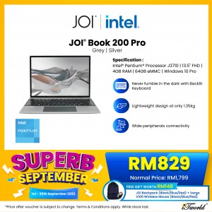 [PREORDER] JOI Book 200 Pro (Pentium J3710, 4GB, 64GB, 13.5”, W10Pro,GRY) + Free 256GB SSD + JOI Backpack Black