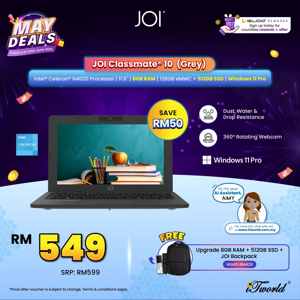 JOI Classmate 10 (Celeron N4020,4GB,128GB eMMC,Intel UHD Graphics 600,11.6”HD,W10 Pro,Grey)