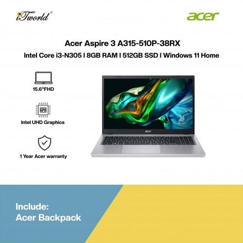 [Pre-order] Acer Aspire 3 A315-510P-38RX Laptop (i3-N305,8GB,512GB SSD,Intel UHD Graphics,H&S,15.6"FHD,W11H,Silver) [ETA: 3-5 working days]