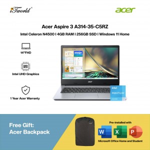 [Pre-order] Acer Aspire 3 A314-35-C5RZ Laptop (N4500,4GB,256GB SSD,Intel UHD Graphics,H&S,14”FHD,W11H,Sil) [ETA:3-5 working days]