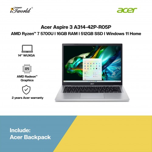 [Pre-order] Acer Aspire 3 A314-42P-R05P Laptop (R7-5700U,16GB,512GB SSD,AMD Radeon Graphics,H&S,14” WUXGA,W11H,Sil,2Y) [ETA: 3-5 working days]