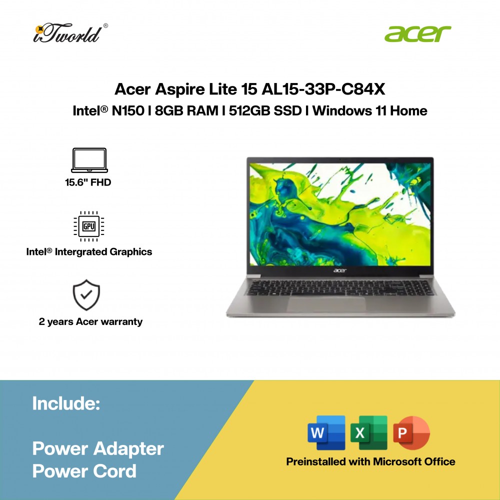 Acer Aspire Lite 15 AL15-33P-C84X Laptop (Intel  ® N150 | 15.6"FHD | 8GB RAM | 512GB SSD | Intel  ® Intergrated Graphics | Windows 11 Home | Microsoft Office Home & Student 2024 + Microsoft 365 Basic)