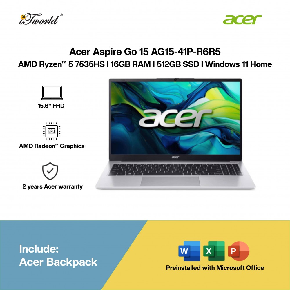 Acer Aspire Go 15 AG15-41P-R6R5 Laptop (AMD Ryzen™ 5 7535HS | 15.6” FHD | 16GB RAM | 512GB SSD | AMD Radeon™ Graphics | Windows 11 Home | Microsoft Office Home 2024 + Microsoft 365)