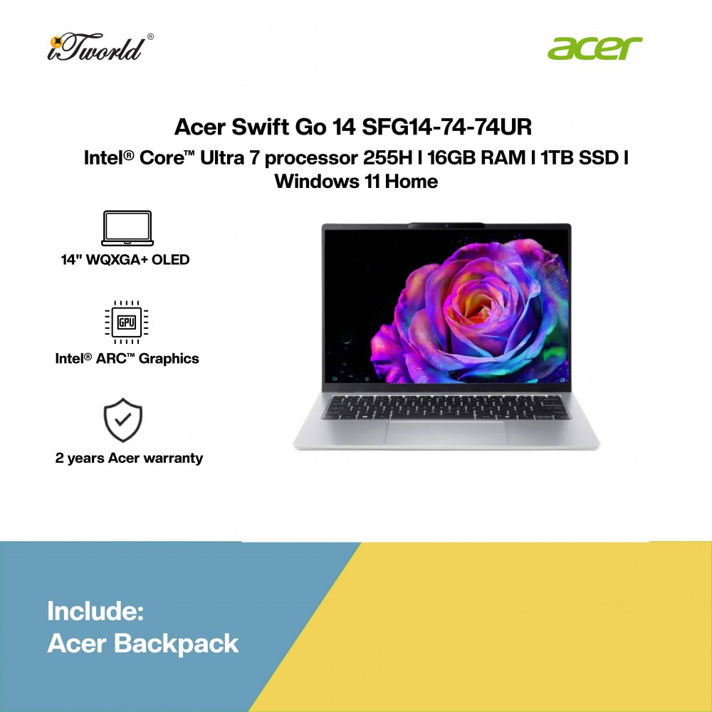 Acer Swift Go 14 SFG14-74-74UR Laptop (Intel  ® Core™ Ultra 7 255H | 14" WQXGA+ | 16GB RAM | 1TB SSD | Intel  ® Arc Graphics | Windows 11 Home | Office Home & Student + M365)
