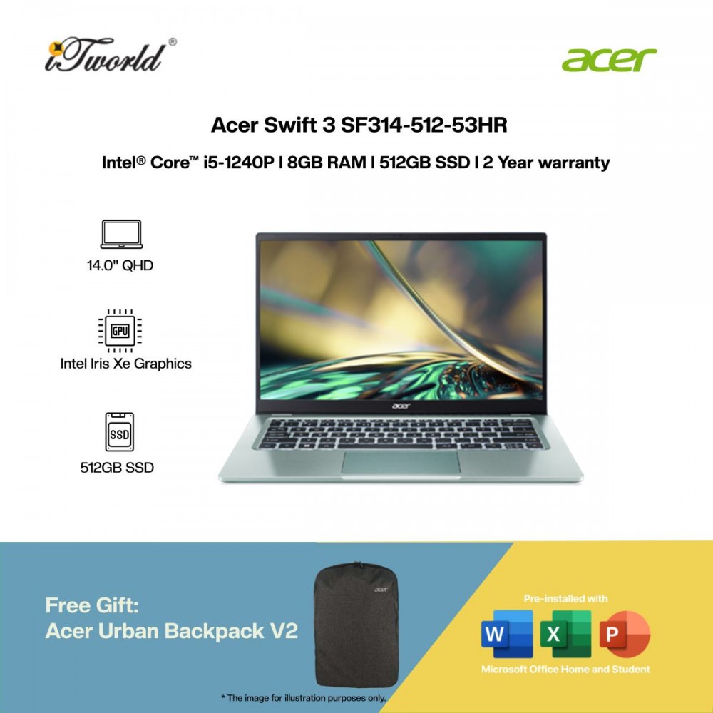 [Intel EVO l Pre-order] Acer Swift 3 SF314-512-53HR Laptop (i5-1240P,8GB,512GB SSD,Intel Iris Xe,H&S,14”QHD,W11H,Blue) [ETA:3-5 working days]