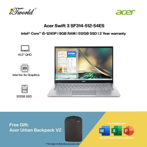 [Intel EVO l Pre-order] Acer Swift 3 SF314-512-54ES Laptop (i5-1240P,8GB,512GB SSD,Intel Iris Xe,H&S,14”QHD,W11H,Silver) [ETA:3-5 working days]