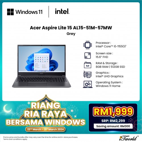 [Pre-order] Acer Aspire Lite 15 AL15-51M-57MW Laptop (i5-1155G7,8GB,512GB,Intel UHD Graphics,H&S,15.6”FHD,W11H,Grey,2Y) [ETA:3-5 working days]