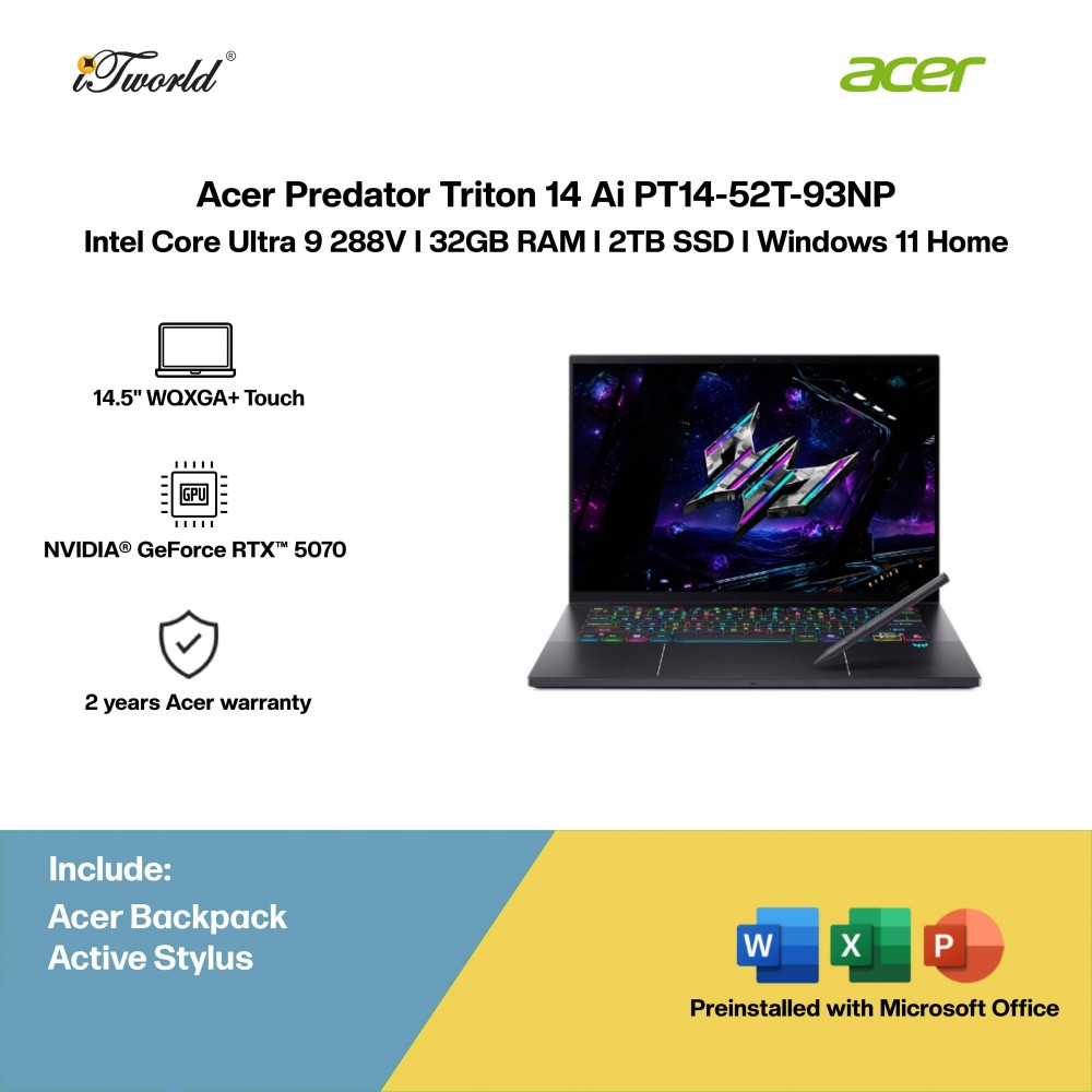 Acer Predator Triton 14 Ai PT14-52T-93NP Gaming Laptop (NVIDIA  ® GeForce RTX™ 5070 | Intel Core Ultra 9 288V | 14.5” WQXGA+ Touch | 32GB RAM | 2TB SSD | Windows 11 Home | Microsoft Office Home 2024 + Microsoft 365 Basic)