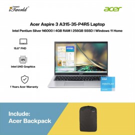 [Ready stock] Acer Aspire 3 A315-35-P4R5 Laptop (N6000,4GB,256GB SSD,Intel UHD Graphics,15.6"FHD,W11H,Silver)