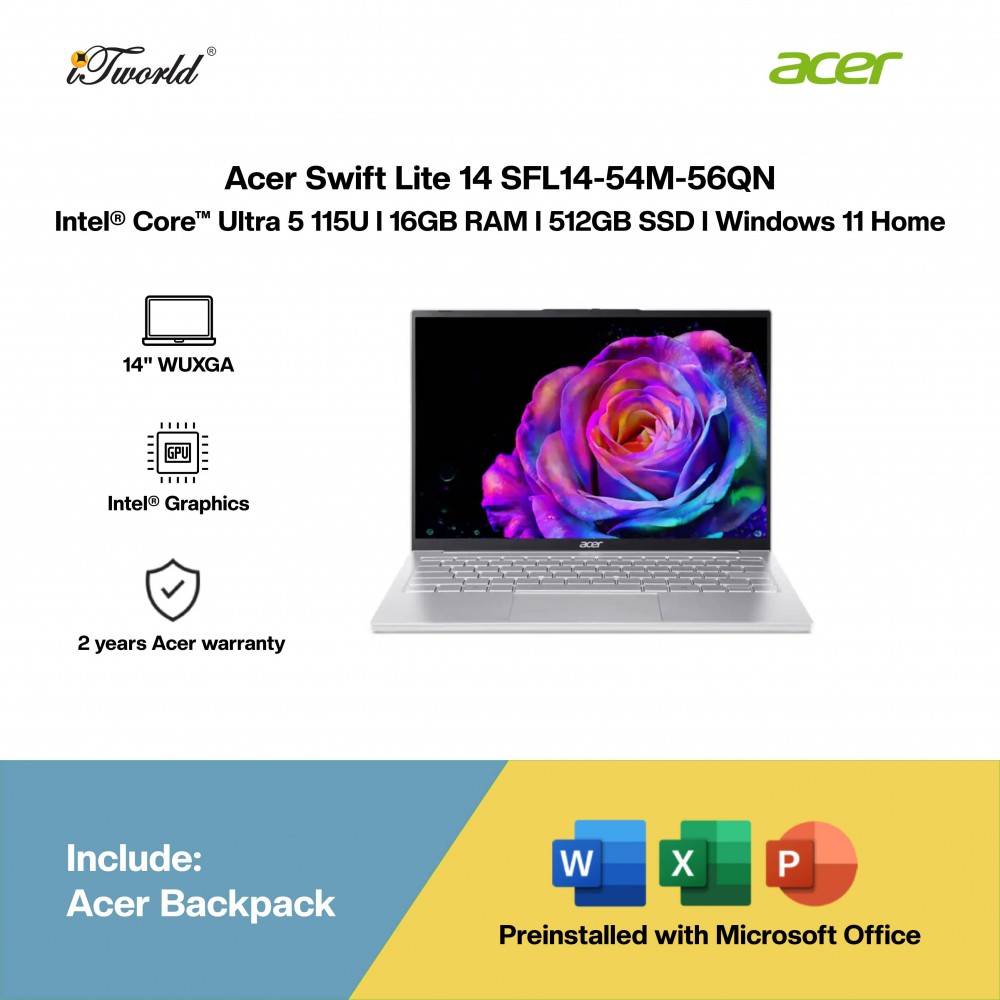 Acer Swift Lite 14 SFL14-54M-56QN Laptop (Intel  ® Core™ Ultra 5 115U | 14" WUXGA | 16GB RAM | 512GB SSD | Intel Graphics | Windows 11 Home |Microsoft Office Home 2024 + Microsoft 365)