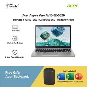 [Pre-order] Acer Aspire Vero AV15-52-5629 Laptop (i5-1235U,8GB,512GB SSD,Intel Iris Xe,H&S,15.6"FHD,W11H,Grey) [ETA:3-5 working days]