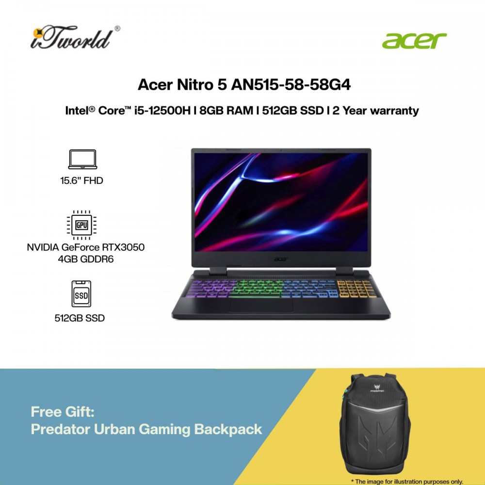 [NVIDIA l Pre-order] Acer Nitro 5 AN515-58-58G4 Laptop (NVIDIA  ® GeForce RTX™ RTX3050 4GB,i5-12500H,8GB,512GB SSD,15.6"FHD,W11H,Black) [ETA:3-5 working days]