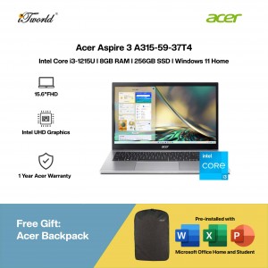 [Pre-order] Acer Aspire 3 A315-59-37T4 Laptop (i3-1215U,8GB,256GB SSD,Intel UHD Graphics,H&S,15.6"FHD,W11H,Silver) [ETA:3-5 working days]