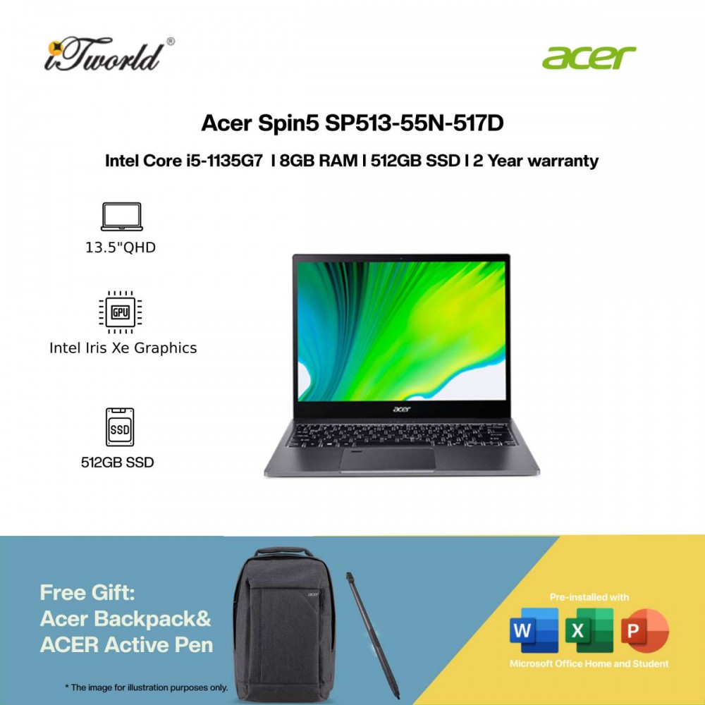 [Intel EVO] [Pre-order] Acer Spin5 SP513-55N-517D Touch Laptop (i5-1135G7,8GB,512GB SSD,Intel Iris Xe,H&S,13.5"QHD Touch,W11H,Grey) [ ETA: 3-5 Working Days]