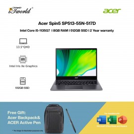 [Intel EVO] [Pre-order] Acer Spin5 SP513-55N-517D Touch Laptop (i5-1135G7,8GB,512GB SSD,Intel Iris Xe,H&S,13.5"QHD Touch,W11H,Grey) [ ETA: 3-5 Working Days]