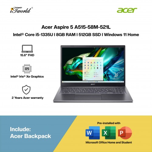 [Pre-order] Acer Aspire 5 A515-58M-521L Laptop (i5-1335U,8GB,512GB SSD,Intel Iris Xe,H&S,15.6"FHD,W11H,Grey,2Y) [ETA:3-5 working days]
