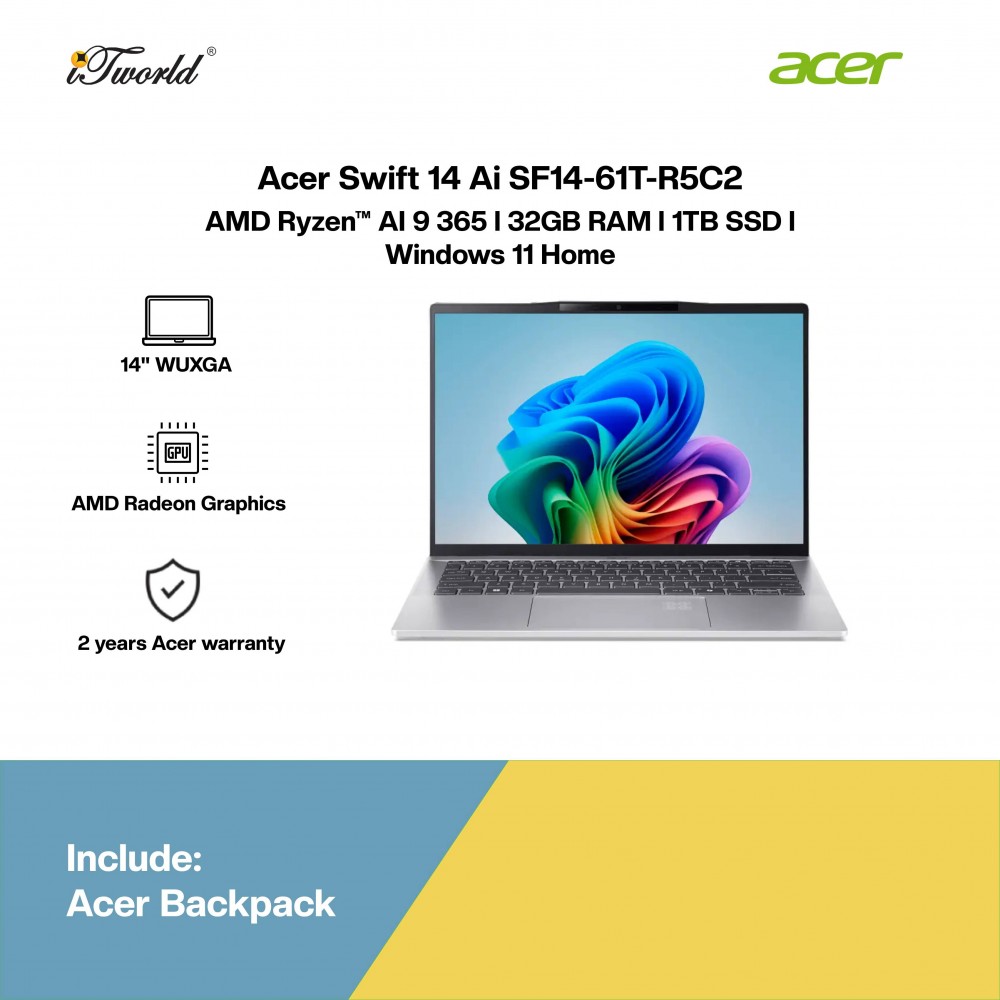 Acer Swift 14 Ai SF14-61T-R5C2 Laptop (AMD Ryzen AI 9-365 | 14"WUXGA | 32GB RAM | 1TB SSD | AMD Radeon Graphics | Windows 11 Home | Office Home & Student + M365)