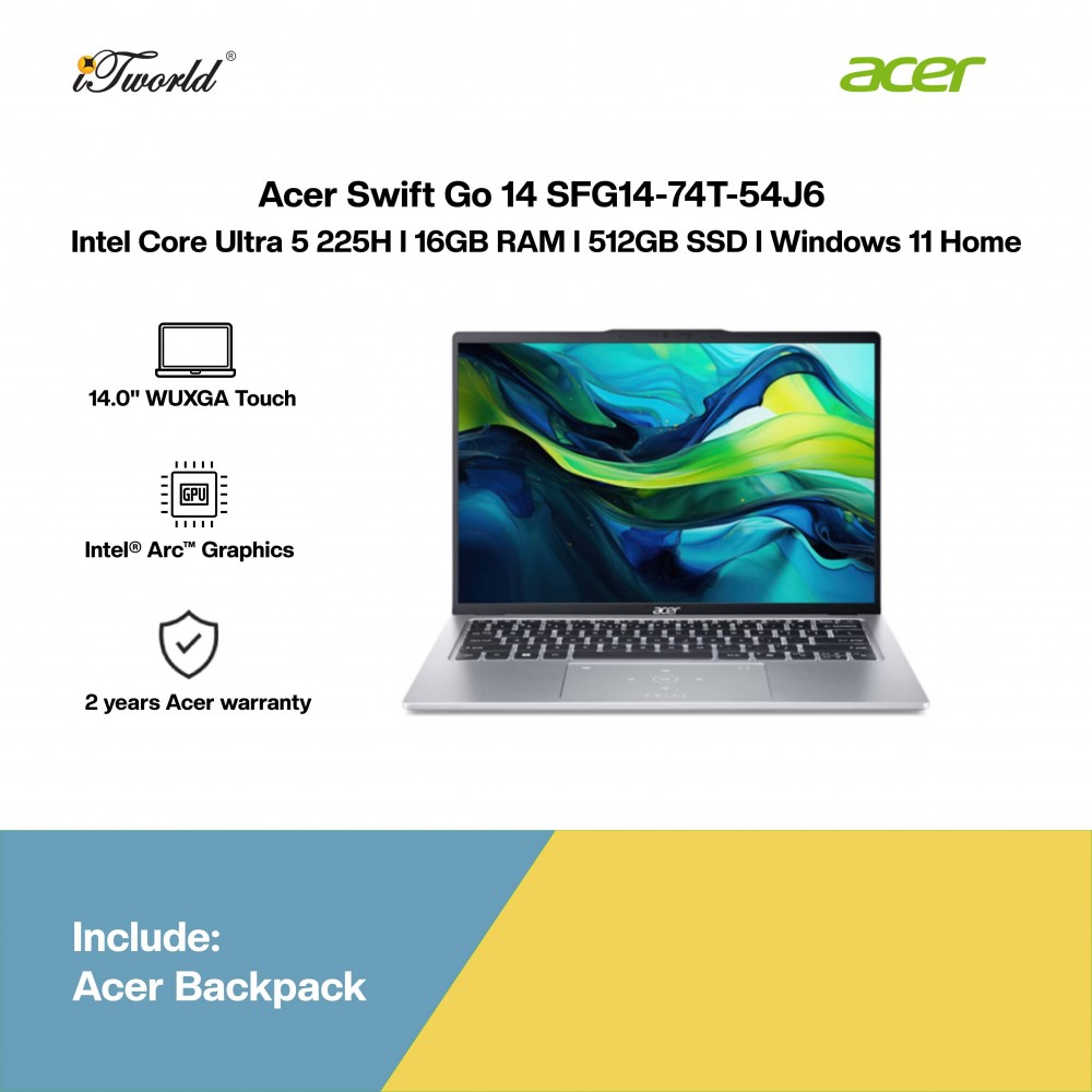 Acer Swift Go 14 SFG14-74T-54J6 Laptop (Intel Core Ultra 5 225H | 14" WUXGA Touch | 16GB RAM | 512GB SSD | Intel Arc Graphics | Windows 11 Home | Microsoft Office Home 2024 + Microsoft 365 Basic)