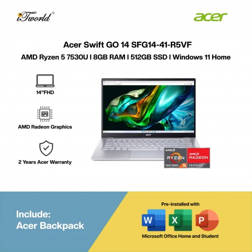 [Pre-order] Acer Swift GO 14 SFG14-41-R5VF Laptop (R5-7530U,8GB,512GB SSD,AMD Radeon Graphics,H&S,14”FHD,W11H,Sil) [ETA: 3-5 working days]