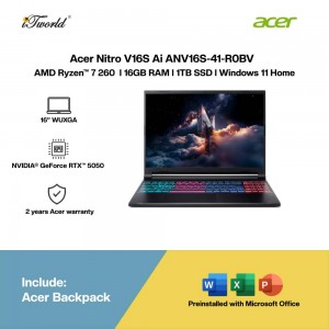 Acer Nitro V16S Ai ANV16S-41-R0BV Gaming Laptop (NVIDIA??® GeForce RTX™ 5050 | AMD Ryzen™ 7 260 | 16” WUXGA | 16GB RAM | 1TB SSD | Windows 11 Home | Microsoft Office Home 2024 + Microsoft 365)