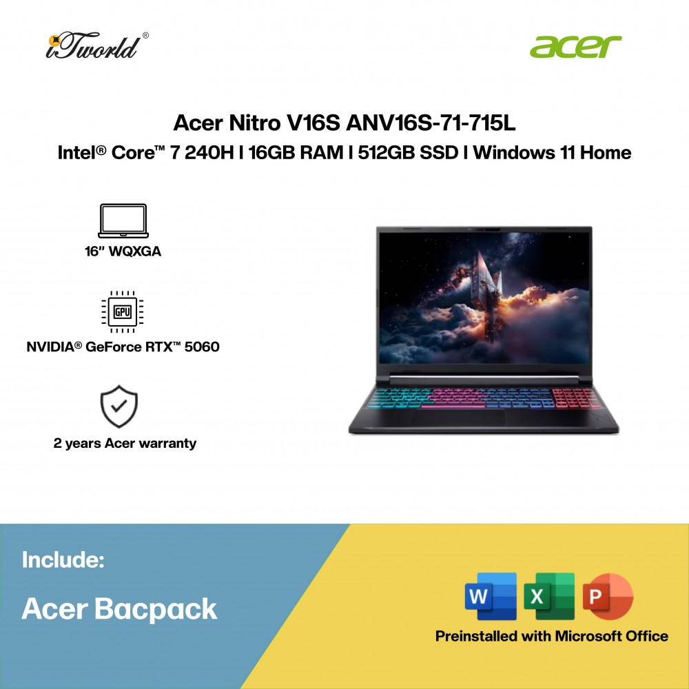 Acer Nitro V16S ANV16S-71-715L Gaming Laptop (NVIDIA  ® GeForce RTX™ 5060 | Intel  ® Core™ 7 240H | 16” WQXGA | 16GB RAM | 512GB SSD | Windows 11 Home | Microsoft Office Home 2024 + Microsoft 365 Basic)