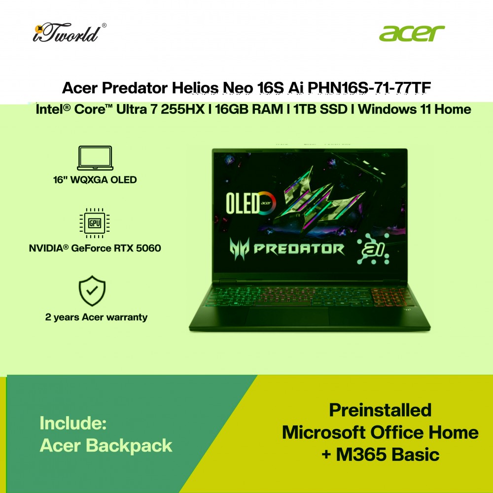 Acer Predator Helios Neo 16S Ai PHN16S-71-77TF Gaming Laptop (NVIDIA  ® GeForce RTX™ 5060 | CU 7-255HX | 16”WQXGA OLED | 16GB RAM | 1TB SSD | Windows 11 Home | Office Home + M365)