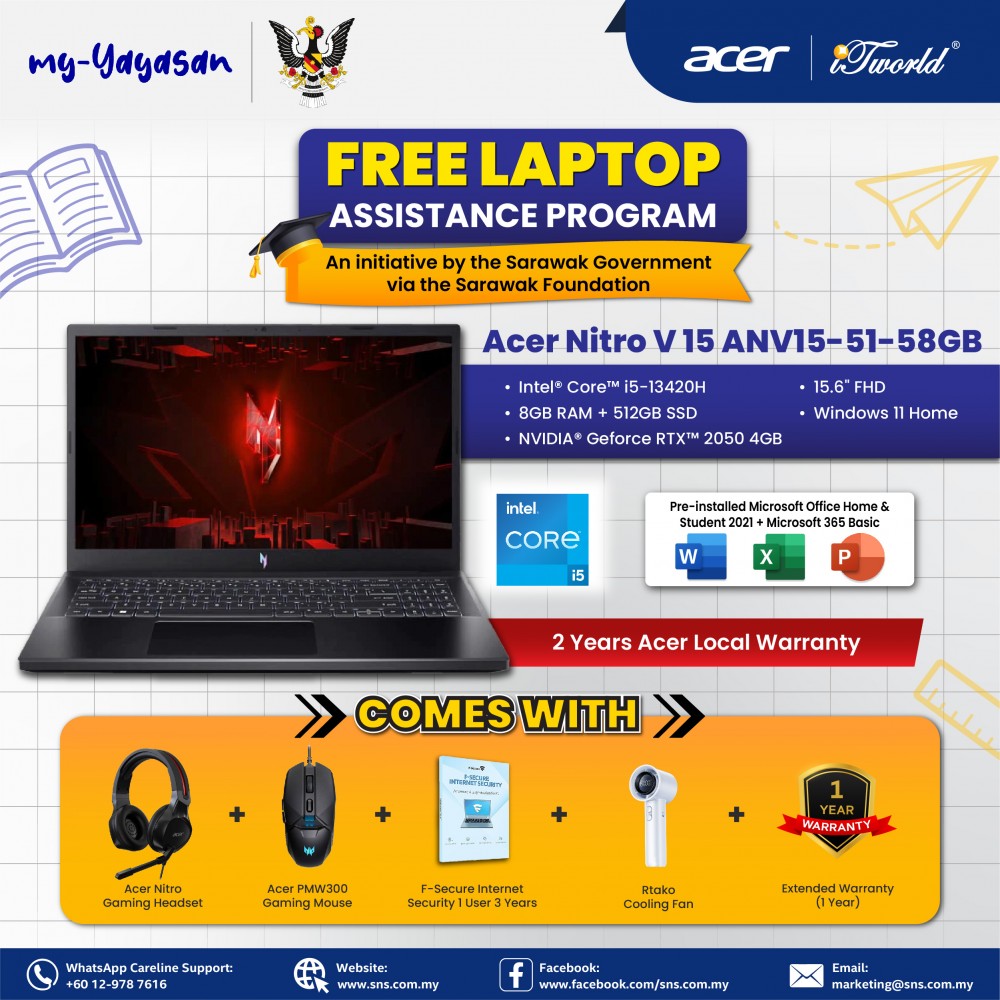 (my-Yayasan) Acer Nitro V15 ANV15-51-58GB Laptop (Intel  ® Core™ i5-13420H Processor | 15.6” FHD | 8GB RAM | 512GB SSD | NVIDIA  ® Geforce RTX™ 2050 | Windows 11 Home) 