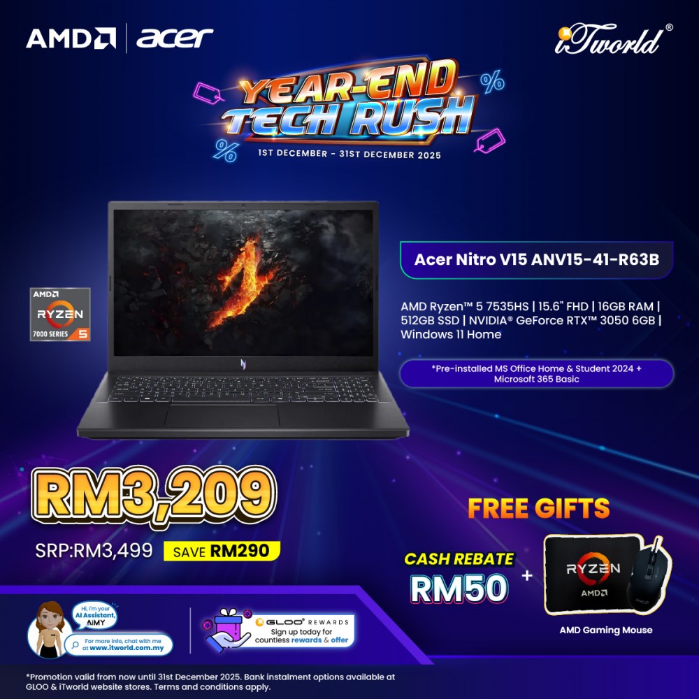 Acer Nitro V15 ANV15-41-R63B Gaming Laptop (AMD Ryzen™ 5 7535HS | 15.6” FHD | 16GB RAM | 512GB SSD | NVIDIA  ® GeForce RTX™ 3050 | Windows 11 Home | Microsoft Office Home & Student + Microsoft 365)