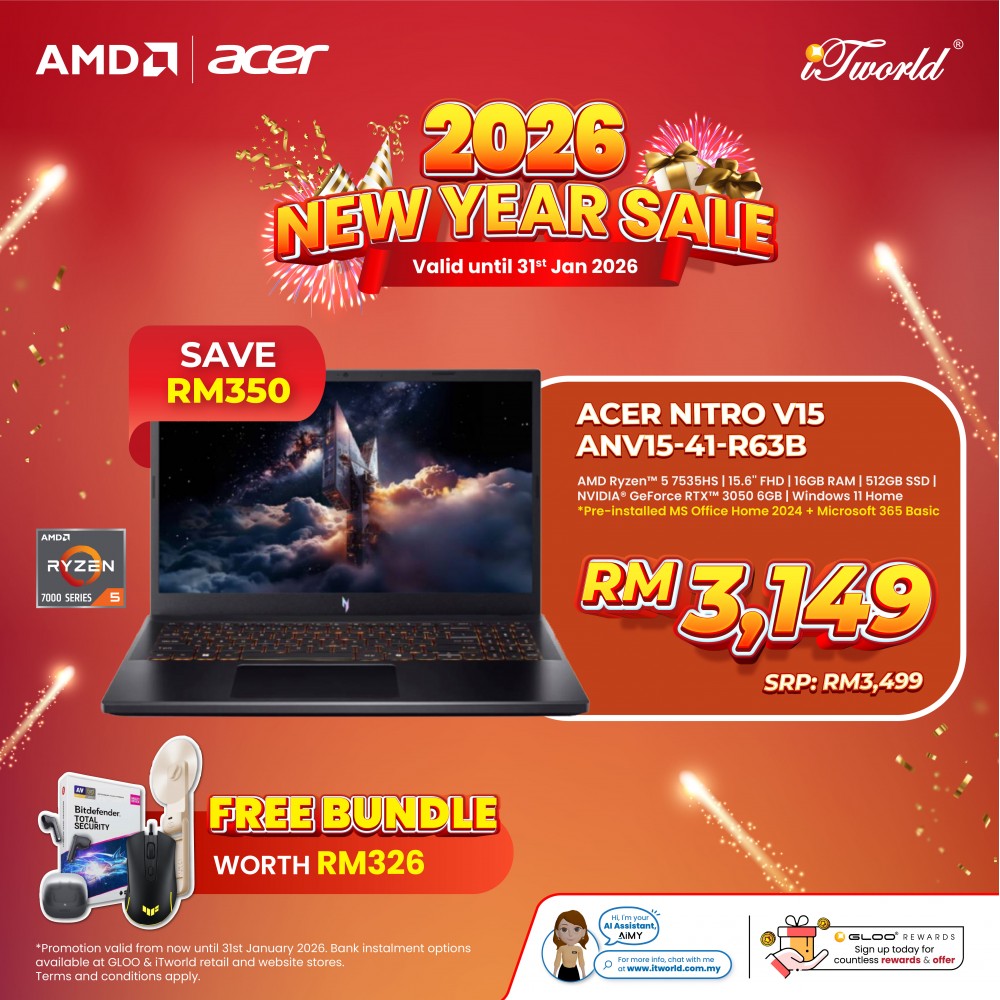 Acer Nitro V15 ANV15-41-R63B Gaming Laptop (AMD Ryzen™ 5 7535HS | 15.6” FHD | 16GB RAM | 512GB SSD | NVIDIA  ® GeForce RTX™ 3050 | Windows 11 Home | Microsoft Office Home & Student + Microsoft 365)