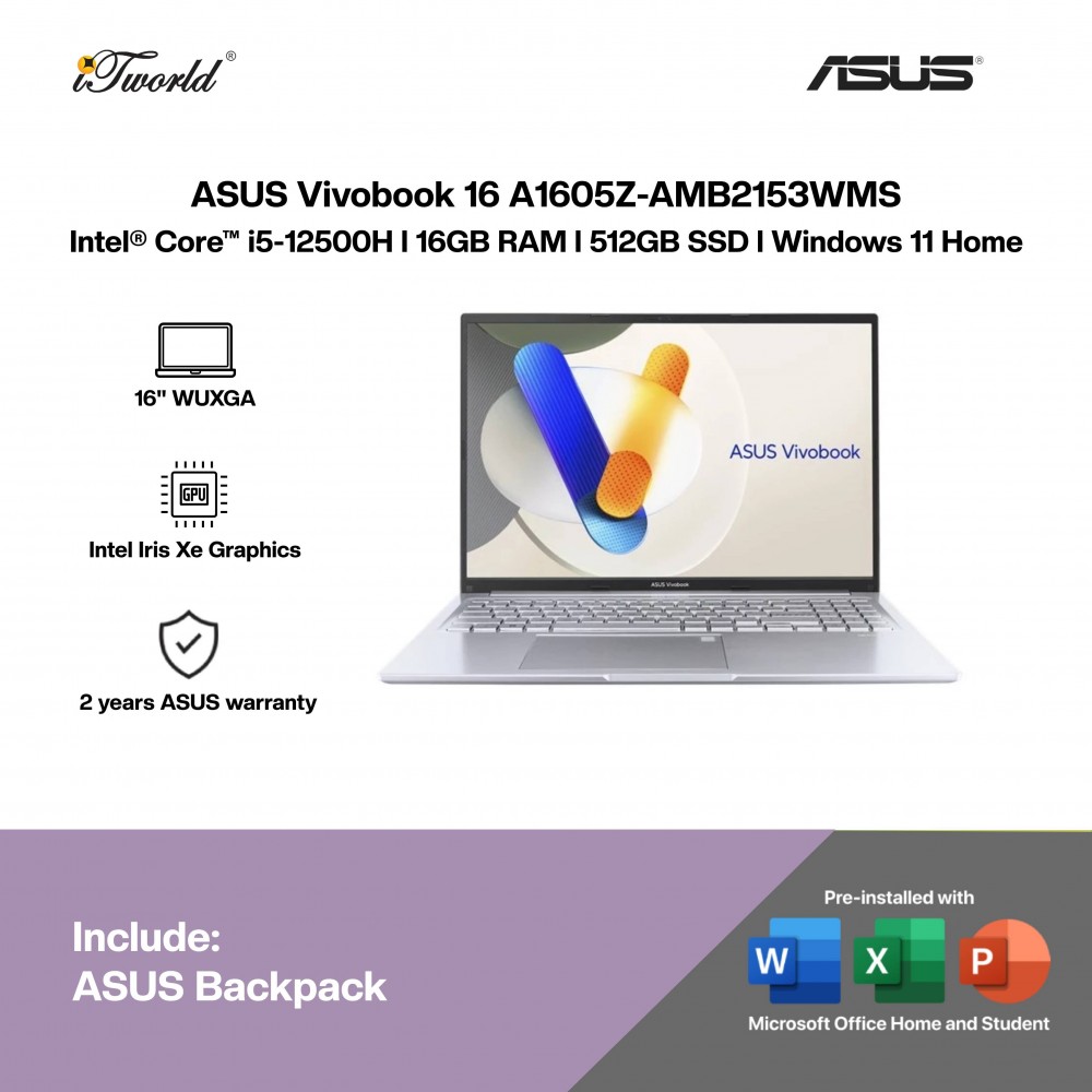ASUS Vivobook 16 A1605Z-AMB2153WMS Laptop (Intel  ® Core™ i5-12500H | 16” WUXGA | 16GB RAM | 512GB SSD | Intel Iris Xᵉ Graphics | Windows 11 Home) 