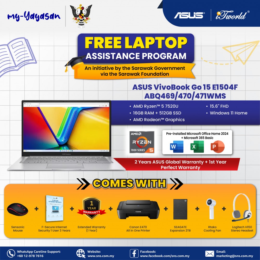 (my-Yayasan) ASUS Vivobook Go 15 E1504F-ABQ469WMS Laptop (AMD Ryzen™ 5 7520U | 15.6” FHD | 16GB RAM | 512GB SSD | AMD Radeon™ Graphics | Windows 11 Home)