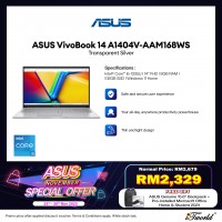 [Pre-order] Asus VivoBook 14 A1404V-AAM168WS Laptop (i5-1335U,8GB,512GB SSD,Intel UHD Graphics,H&S,14"FHD,W11H,Silver) [ETA:3-5 working days]